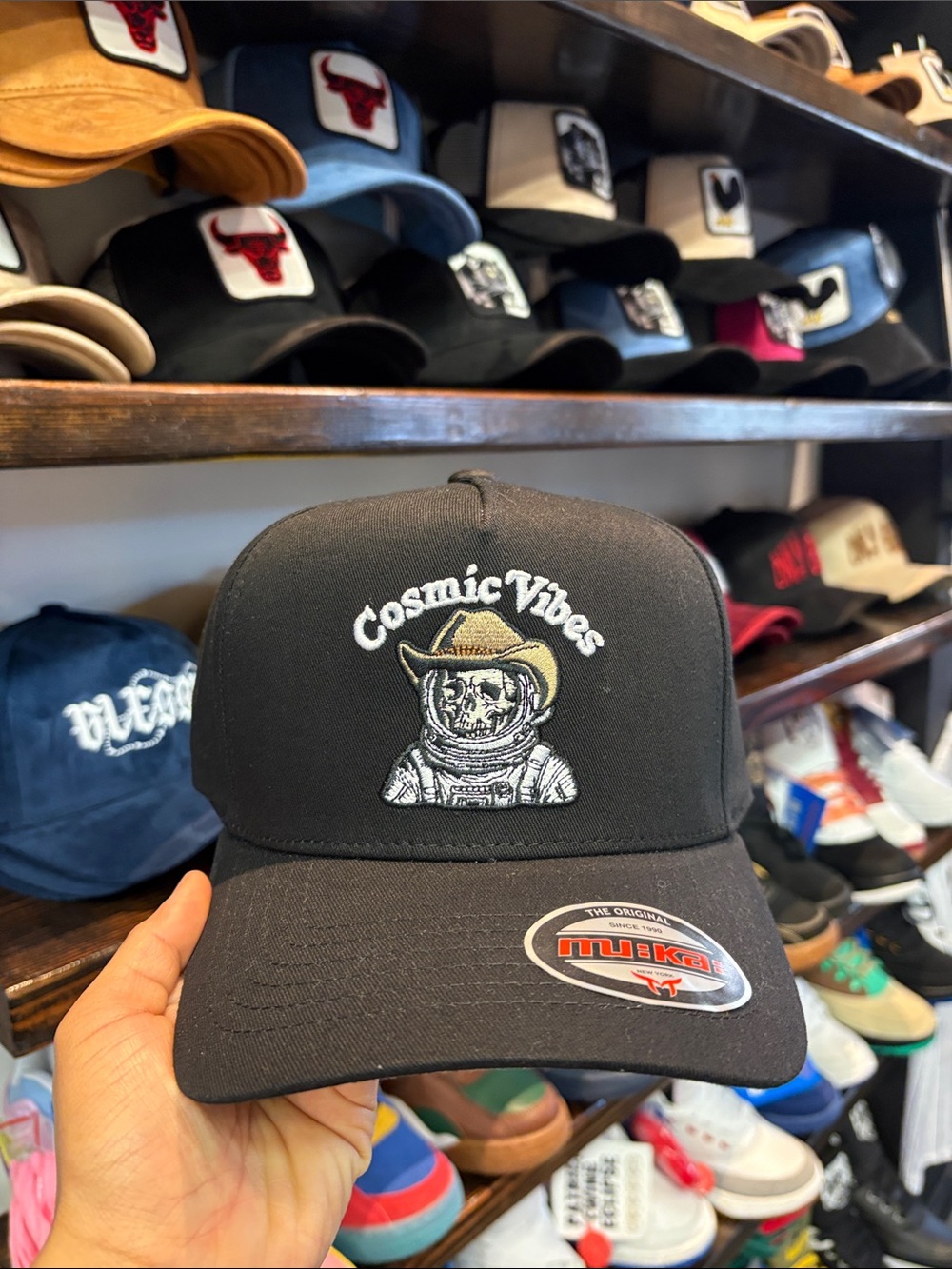 Cosmic Vibes Black Embroidered Trucker Hat